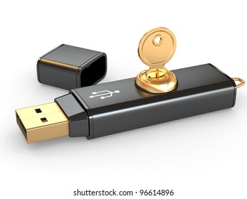 Data security. Information protection. Usb flash memory and key. 3d