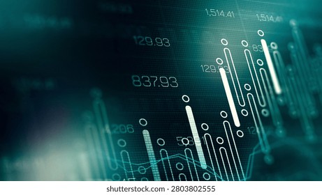 Data shows trader charts with graphs and lines for market analysis at a financial center