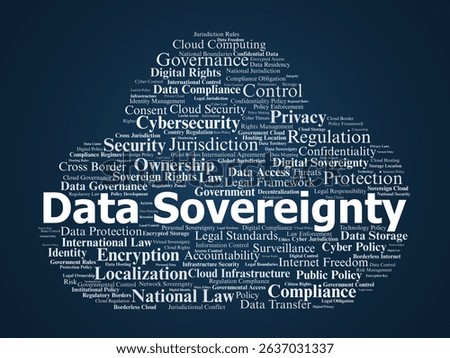 Data Sovereignty Word Cloud. Visual concept highlighting digital control, legal regulation, and data privacy concerns.