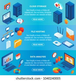 Data storage concept isometric horizontal banner set with cloud storage, file hosting and data analysis design elements.