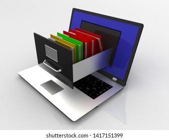 Data Storage. Laptop And File Cabinet. 3d Illustration