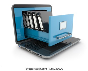 Data Storage. Laptop And File Cabinet With Ring Binders. 3d