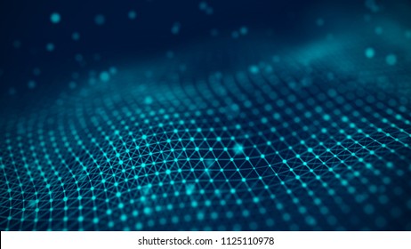 Data technology illustration. Abstract futuristic background. Wave with connecting dots and lines on dark background. Wave of particles.