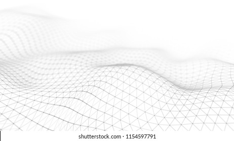 Data technology illustration. Abstract white futuristic background. Wave with connecting dots and lines on dark background. Wave of particles. 3D rendering.