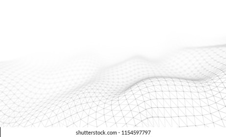 Data Technology Illustration. Abstract White Futuristic Background. Wave With Connecting Dots And Lines On Dark Background. Wave Of Particles. 3D Rendering.