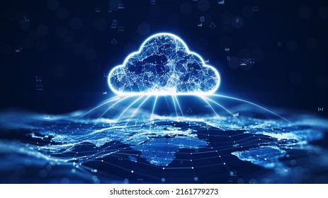 Data Transfer Cloud Computing Technology Concept. There Is A Large Prominent Cloud Icon In The Center With Internal Connections. And Small Icon On Abstract World Map Polygon With Dark Blue Background.