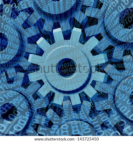 Data transfer and digital industry for internet business to upload and download as a group of gears and cog wheels connected together in a network with binary code streaming through the machine.