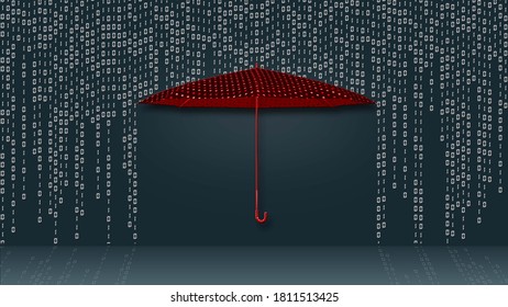 Data transfer as hanging rows of the binary code in matrix style over a protecting red umbrella - dark background with reflections on the floor - 3D-illustration