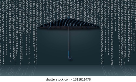Data transfer as hanging rows of the binary code in matrix style over a protecting blue umbrella - dark background with reflections on the floor - 3D-illustration