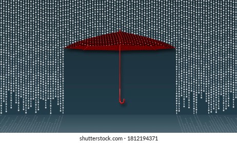Data transfer as hanging rows of the binary code in matrix style over a protecting red umbrella - dark background with reflections on the floor - 3D-illustration