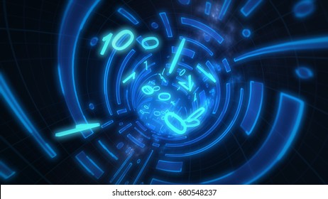 Data Tunnel Journey. 3d Illustration Shot Inside Fibre Optic Cable.