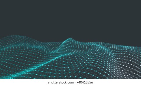 Data Visualization Background. Wide Angle Wireframe Landscape.  Cyberspace Landscape Grid. 3d Technology Illustration.