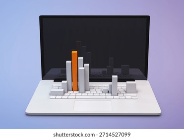 Data visualization on a laptop screen with bar graphs displayed on keyboard