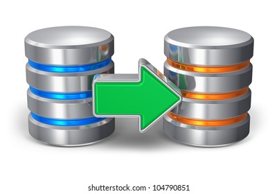 Database backup concept: two metal hard disk icons with green arrow isolated on white background