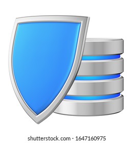 Database behind metal blue shield on left protected from unauthorized access, data protection concept, 3d illustration icon isolated on white background for Data Protection Day