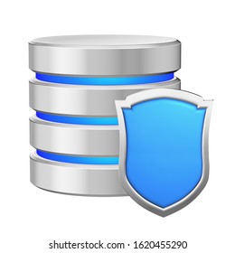 Database with blue metal shield protected from unauthorized access, data privacy concept, 3d illustration icon isolated on white background for Data Protection Day