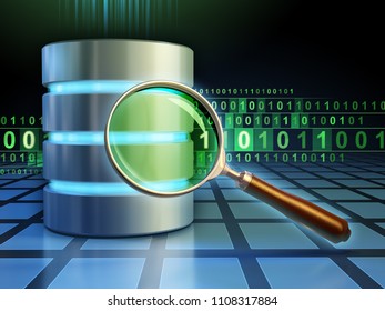 Database and magnifying lens over a binary code stream. 3D illustration.