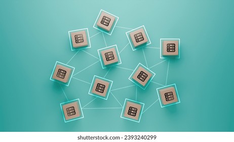 Database network system concept illustrated with wooden blocks on teal background, interconnected data blocks, server clustering and distributed databases