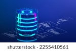 Database is placed on Relational database tables. Concept of database server, SQL, data storage, database diagram design, Data center, Webhosting. 3D illustration.