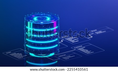 Database is placed on Relational database tables. Concept of database server, SQL, data storage, database diagram design, Data center, Webhosting. 3D illustration.