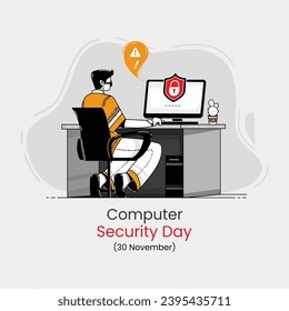 Database security, Phishing, Hacker Attack Concept. Hackers stealing Personal data. flat design illustration vector. Computer security Day vector illustration, Man Working On Laptop, Desktop Pc.
