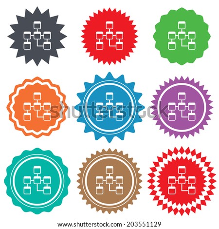 Database sign icon. Relational database schema symbol. Stars stickers. Certificate emblem labels.