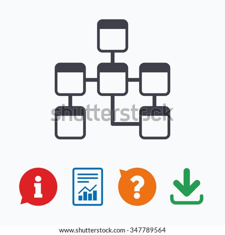 Database sign icon. Relational database schema symbol. Information think bubble, question mark, download and report.