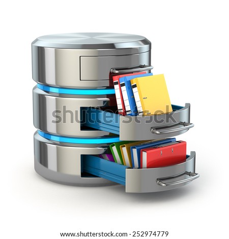 Database storage concept. Hard disk icon with folders  isolated on white. 3d
