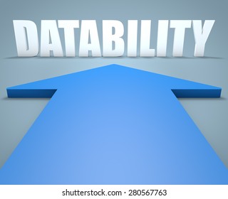 Datability - 3d render concept of blue arrow pointing to text.