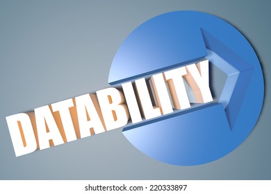 Datability - 3d text render illustration concept with a arrow in a circle on blue-grey background