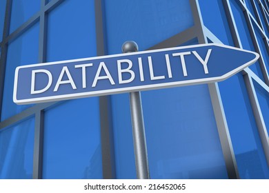Datability - illustration with street sign in front of office building.