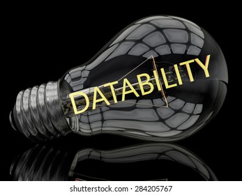 Datability - lightbulb on black background with text in it. 3d render illustration.