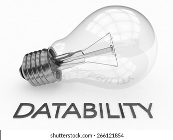 Datability - lightbulb on white background with text under it. 3d render illustration.
