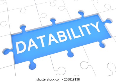 Datability - puzzle 3d render illustration with word on blue background