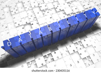Datability - puzzle 3d render illustration with block letters on blue jigsaw pieces 