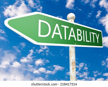 Datability - street sign illustration in front of blue sky with clouds.