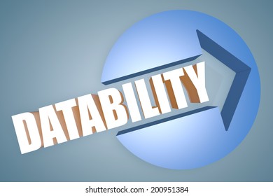 Datability - text 3d render illustration concept with a arrow in a circle on blue-grey background