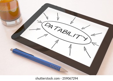 Datability - text concept on a mobile tablet computer on a desk - 3d render illustration.