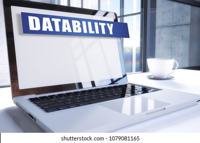 Datability text on modern laptop screen in office environment. 3D render illustration business text concept.