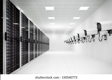 datacenter with cctv camera in a long row