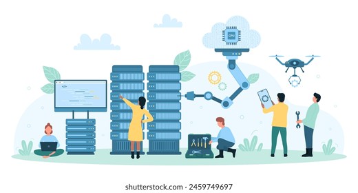 Datacenter technology, AI, hardware and software illustration. Cartoon tiny people work in team with computers, servers and robot arms to fix and repair infrastructure of supercomputer