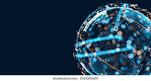 Data-driven AI analytics on a global scale: A futuristic visualization of big data networks, earth's digital transformation, and internet technology shaping the future of systems and science.