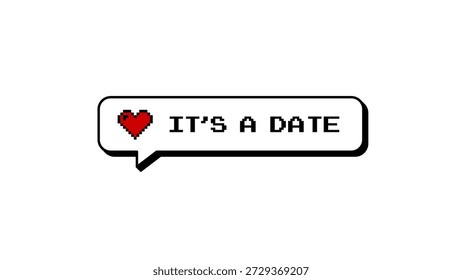 It's a Date 8-bit pixel art comment balloon in neubrutalism style. Retro gaming speech bubble with red heart icon. Sticker or badge for social media. Isolated element on a transparent background.
