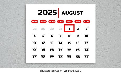 The date August 1st marked with a red cursor on the wall calendar 2025