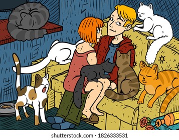 A Date With A Cat Lady. Couple In A Living Room With A Lot Of Cats.