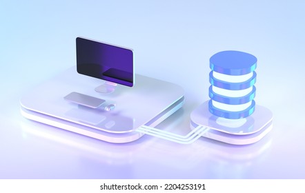 Date center isometric 3d render. Server with computer equipment, web hosting infrastructure icons on neon web banner, database storage technology, cloud computing services, angle view. 3D Illustration