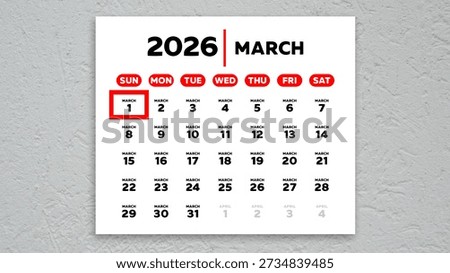 The date March 1st marked with a red cursor on the wall calendar 2026