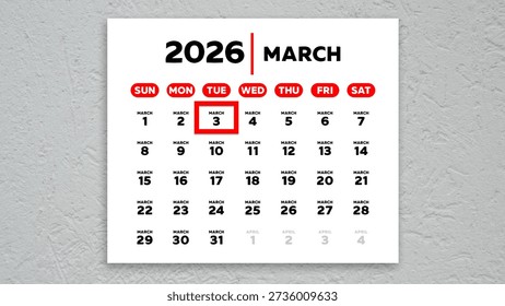 The date March 3rd marked with a red cursor on the wall calendar 2026