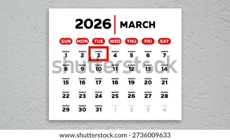 The date March 3rd marked with a red cursor on the wall calendar 2026