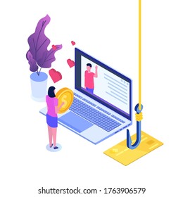 Dating Scam, Online Dating Fraud Concept.  Isometric Illustration.